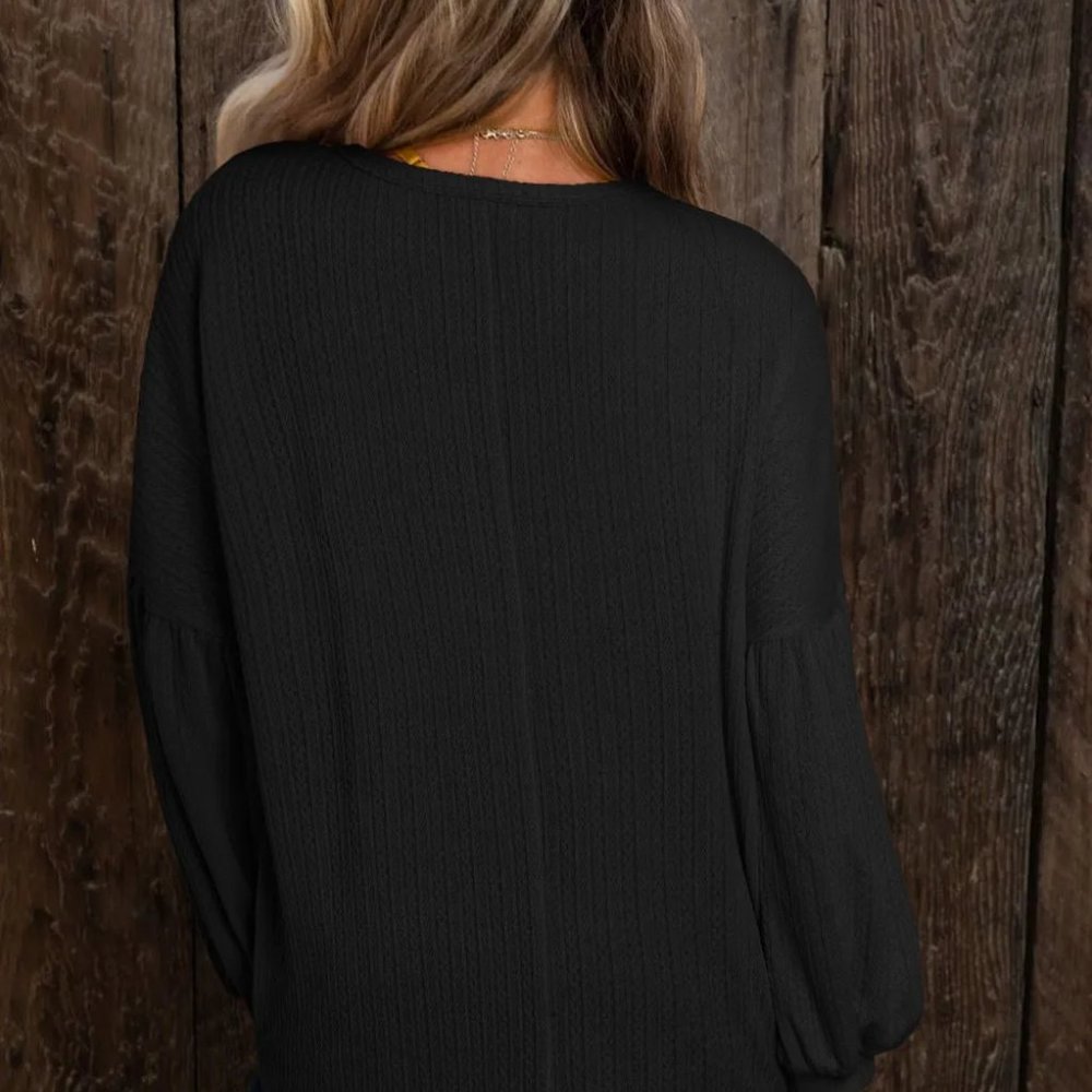 Black Faux Knit Jacquard Puffy Long Sleeve Top - Picture 4 of 5